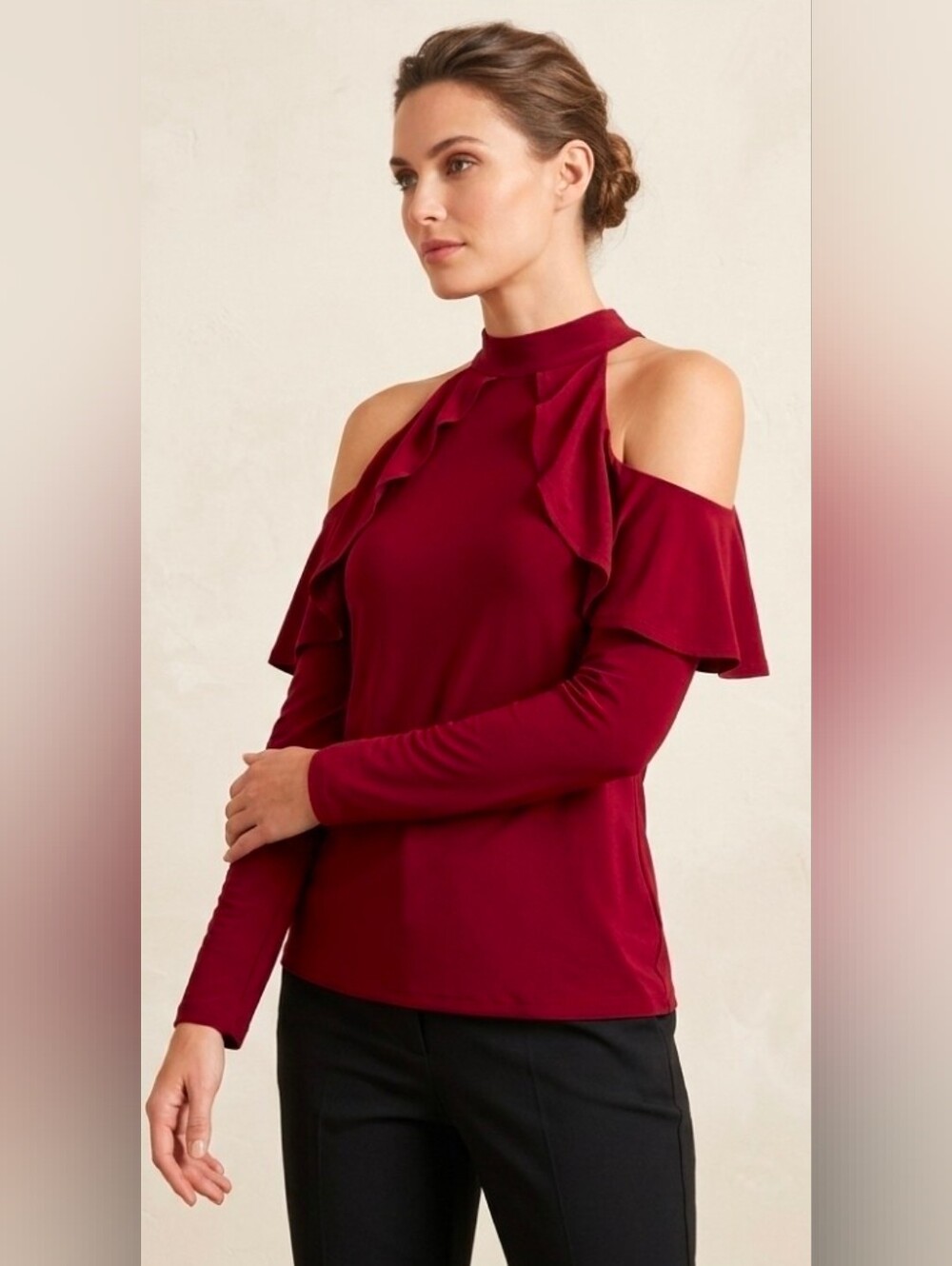 VENUS Women Blouse  Ruffle Cold-Shoulder Halter Neck Top Deep Crimson/Burgundy
